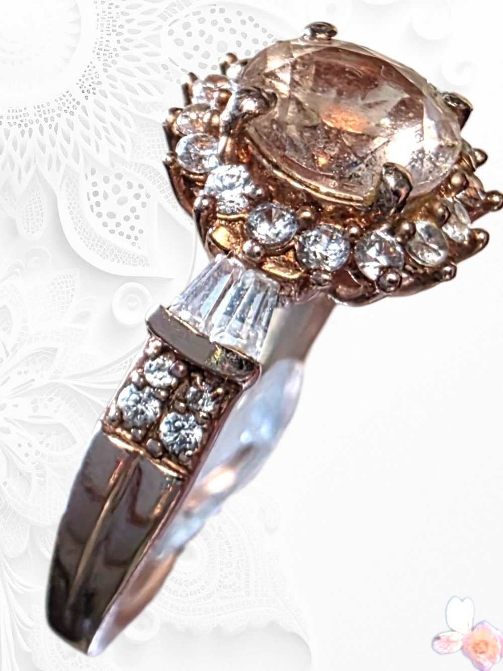 Gorgeous D’Joy 925 Morganite Inspired Halo Ring Rose Gold Sterling Sz 9